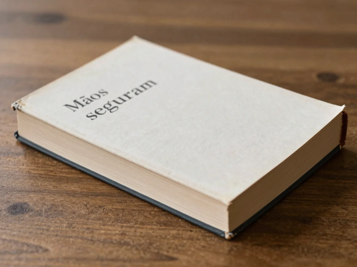 Mãos seguram um livro de capa lisa sobre mesa de madeira, luz nat