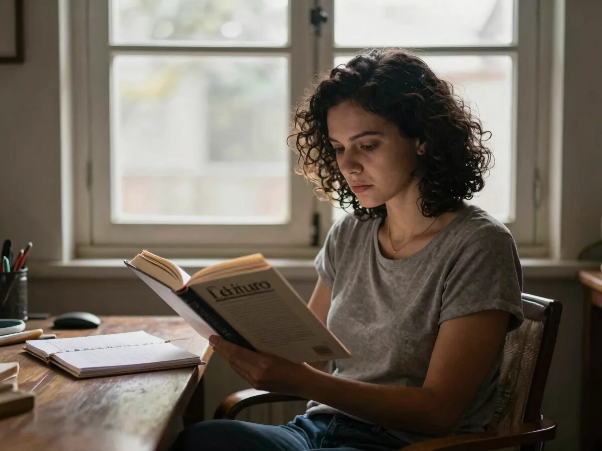 Leitora em uma poltrona de canto, lendo um livro de capa sem títu